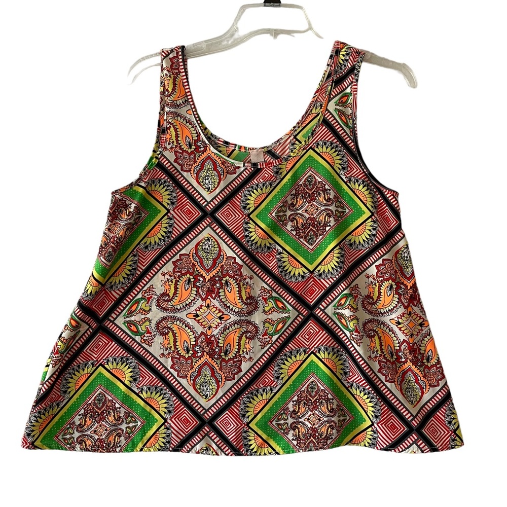 Pronto USA Women SMALL tank top  Geometric top shirt pullover green orange cami